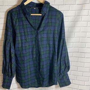 Greyson Blue/Green/Gold Plaid Blouse‎ Sz XS